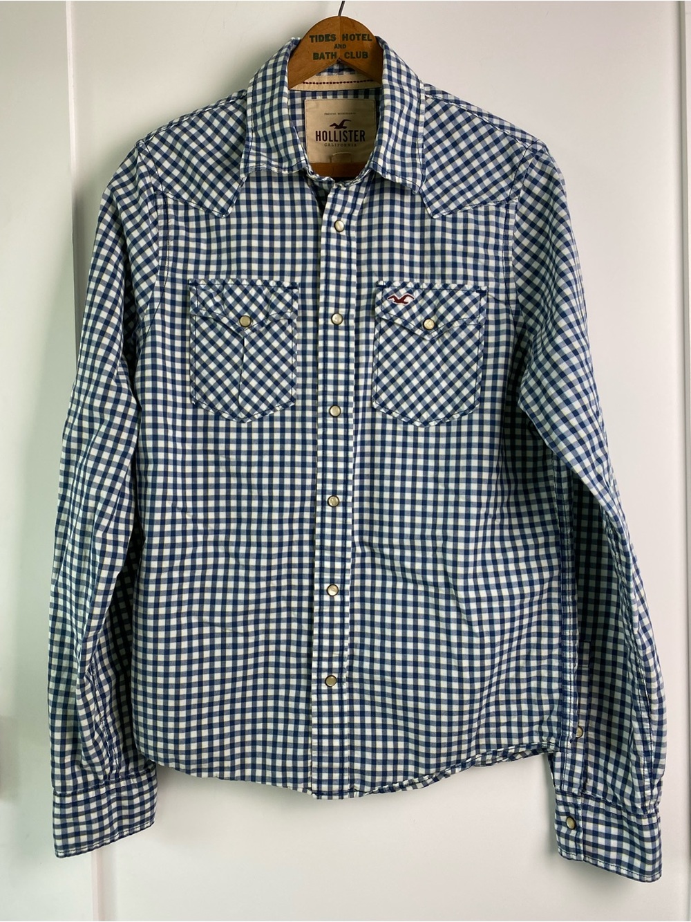 Hollister Navy and White Gingham Button-Up Shirt